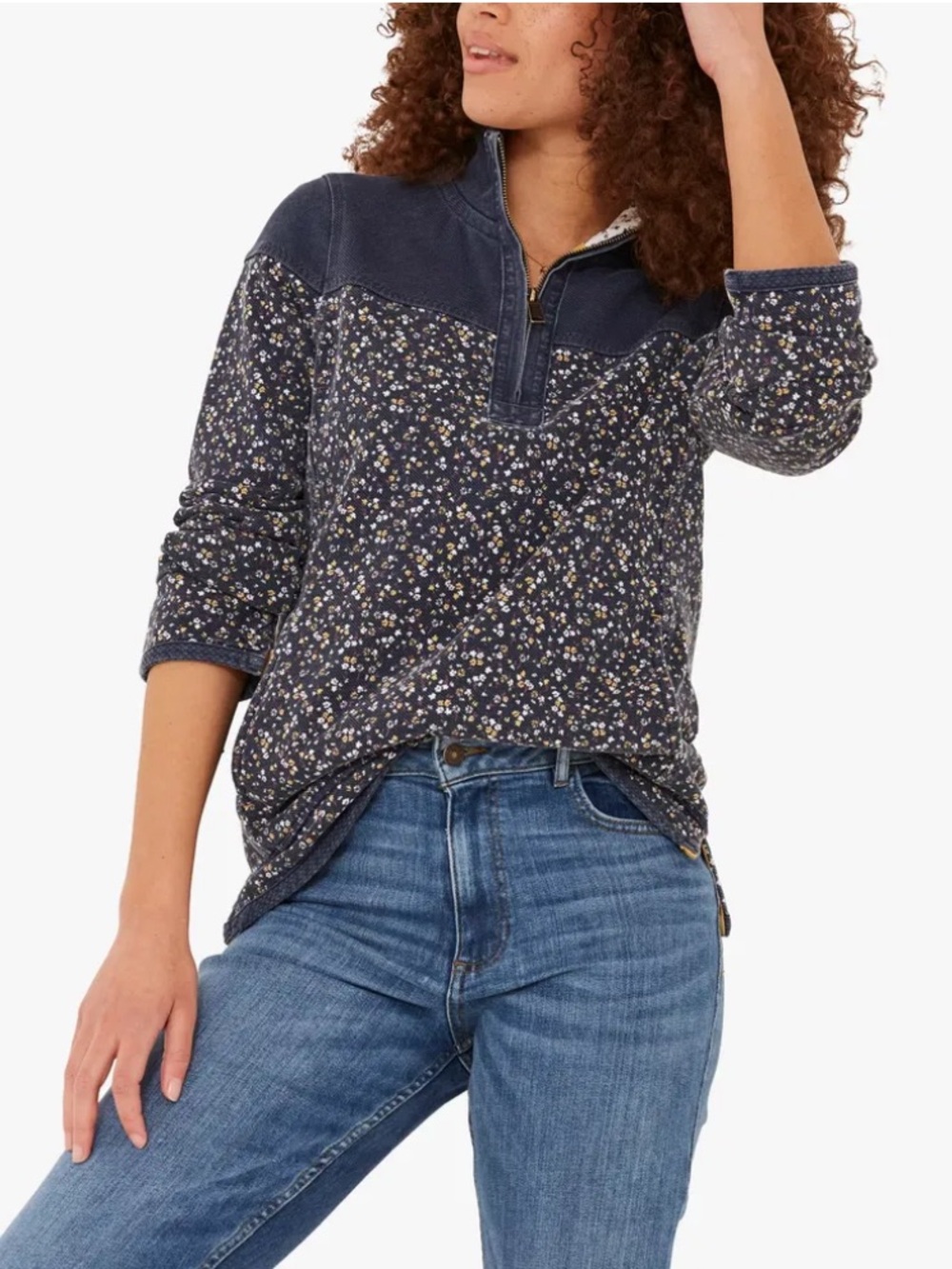 Fat Face 8 Airlie half zip Navy Floral Half-Zip Jean pullover